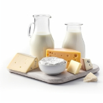 a selection of dairy products such as milk, cheese, and yoghurt on a board