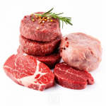 a selection of meats from beef, ham and lamb on a white background